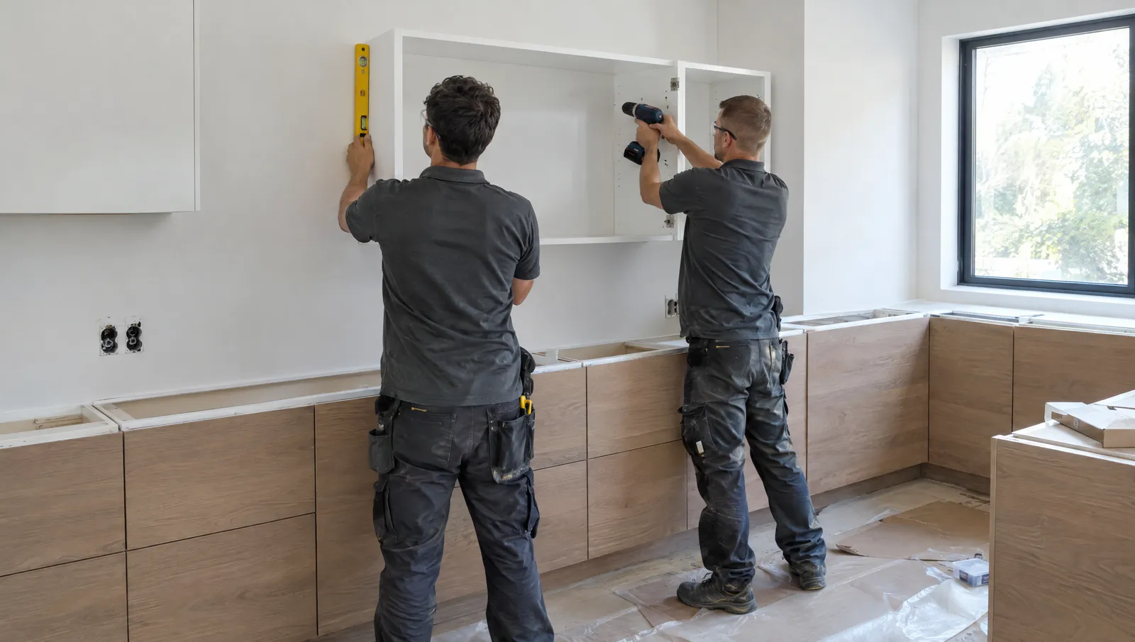 Dos instaladores montando un gabinete alto en una cocina nueva